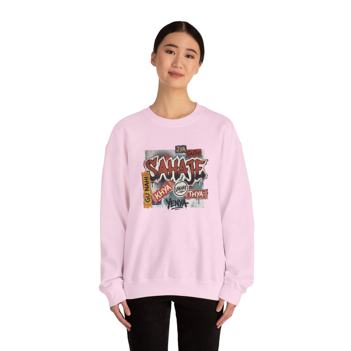 Crewneck Sweatshirt — 'Sahaje' Vintage Sticker Collage Graphic