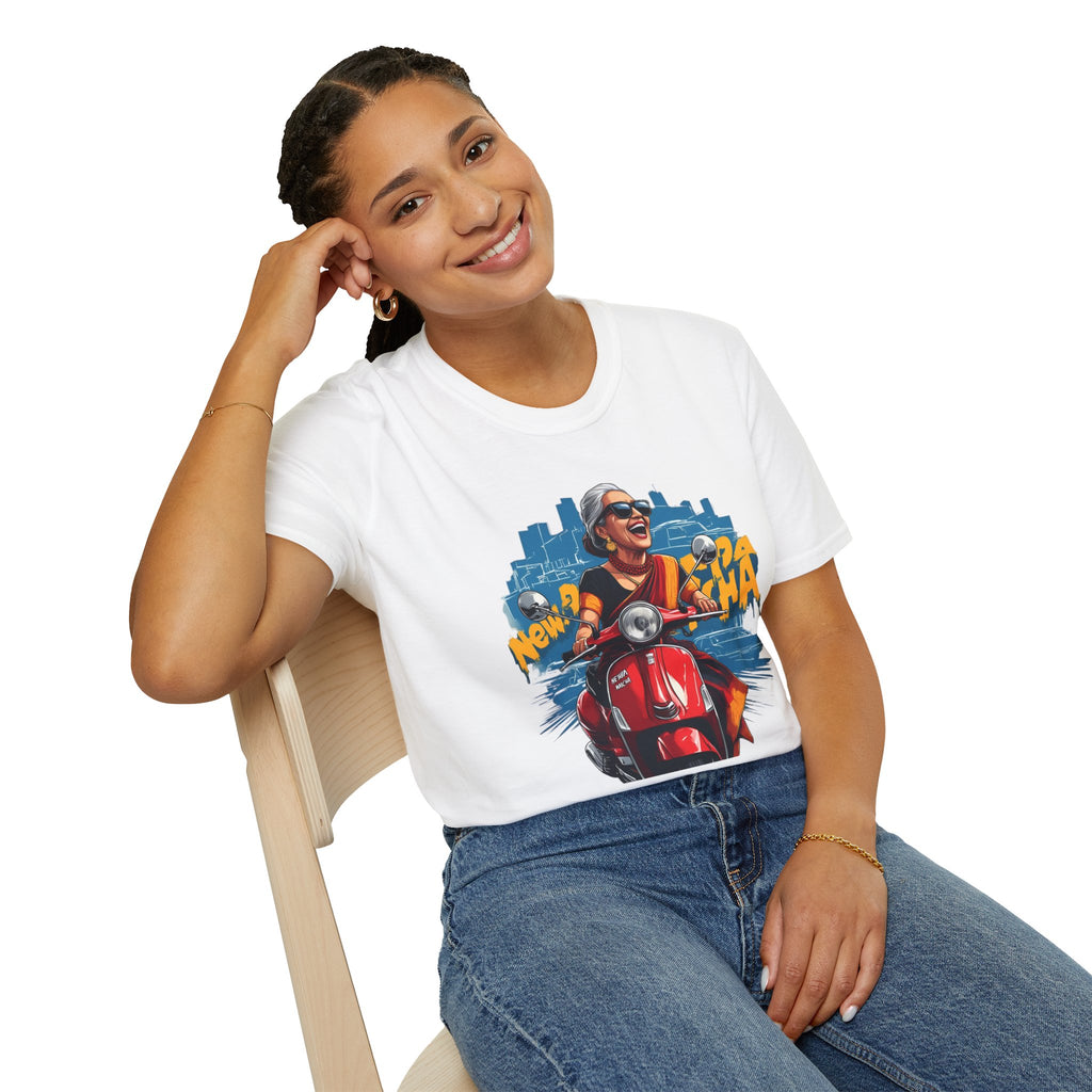 Newa Maicha Riding Scooter T-Shirt – Newari Woman in New York Graphic Tee, Cultural & Urban Design