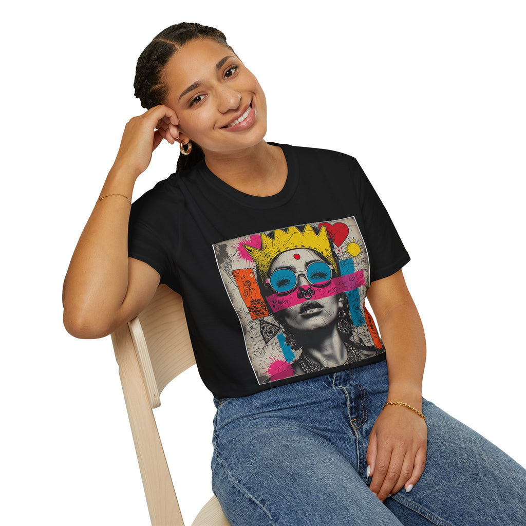 Abstract Pop Art Portrait T-Shirt — Neon Crown & Sunglasses Graphic