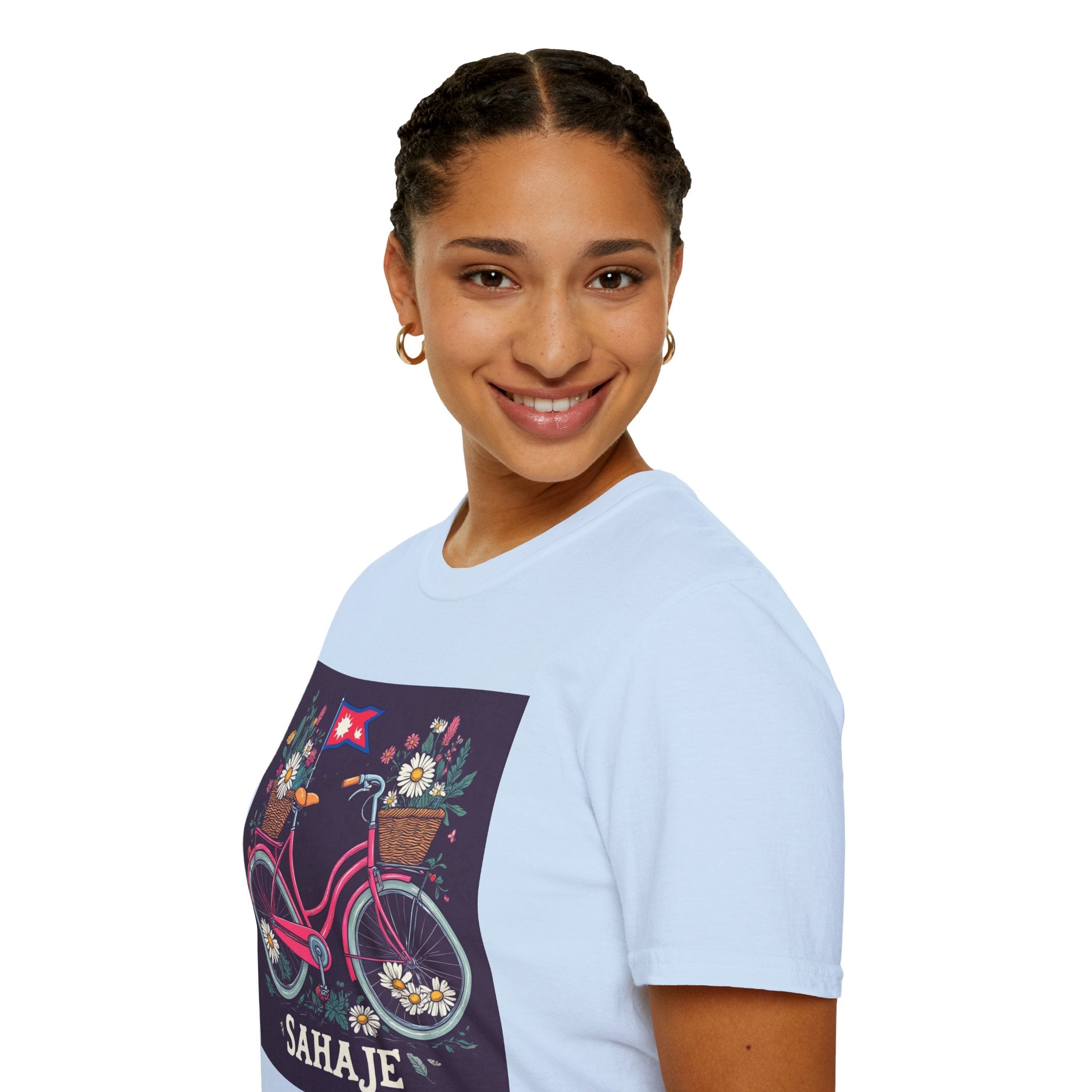 Bicycle Floral T-Shirt – Pink Bike with Baskets & "Sahaje" Text