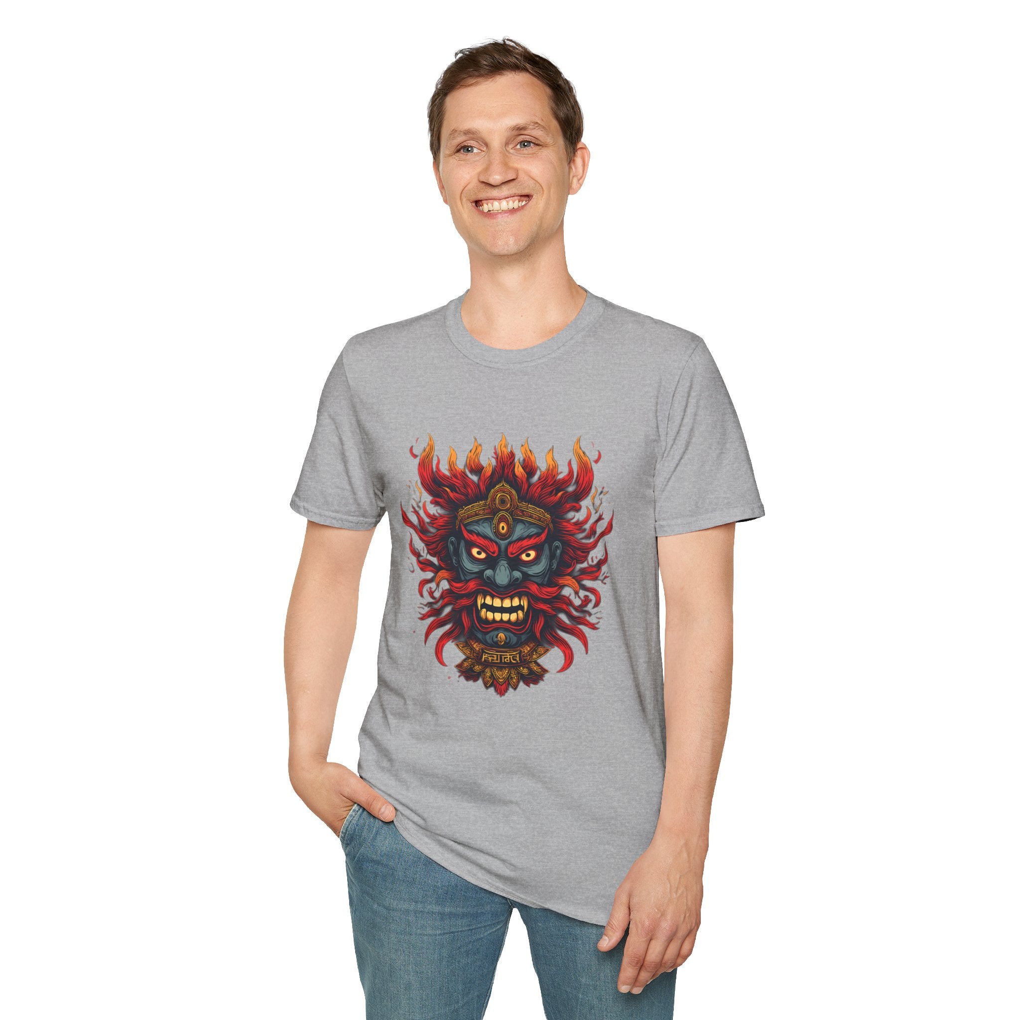 Flaming Demon Mask T-Shirt — Fierce Tattoo-Style Graphic Tee