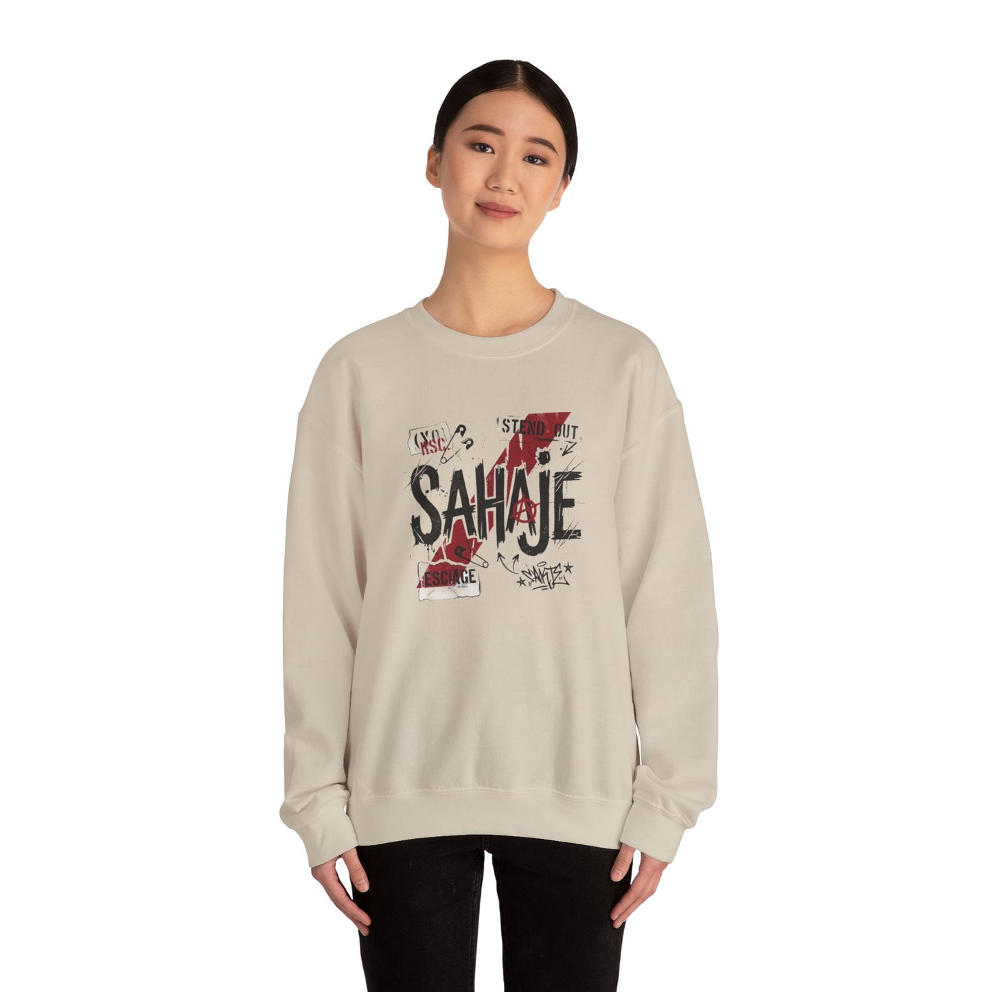 Crewneck Sweatshirt — 'Sahaje' Distressed Script Graphic