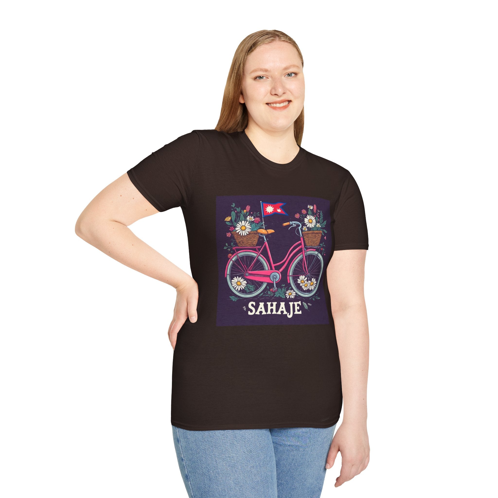 Bicycle Floral T-Shirt – Pink Bike with Baskets & "Sahaje" Text