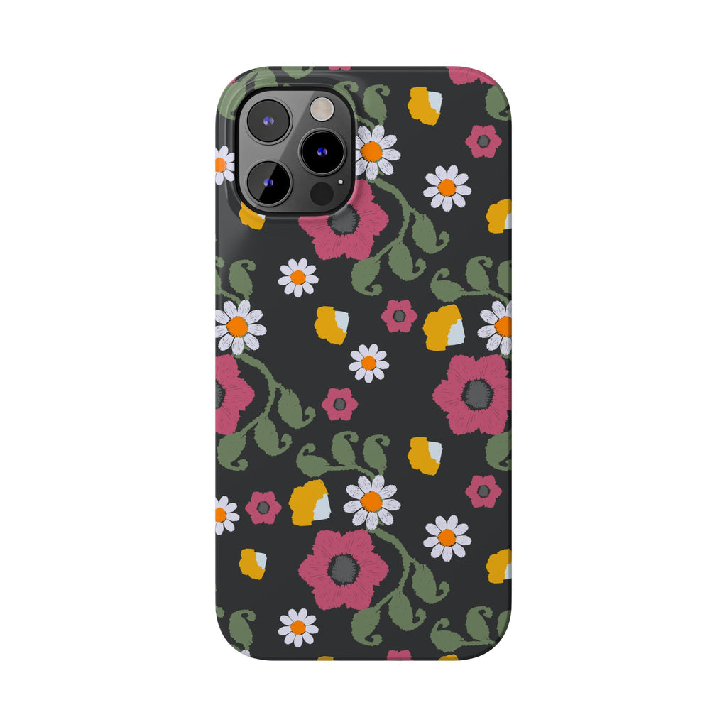 Floral Slim Phone Case, Black Flower Phone Cover, Stylish Phone Accessory, Gift for Her, Trendy Floral Case