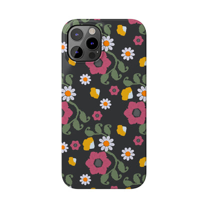 Floral Slim Phone Case, Black Flower Phone Cover, Stylish Phone Accessory, Gift for Her, Trendy Floral Case