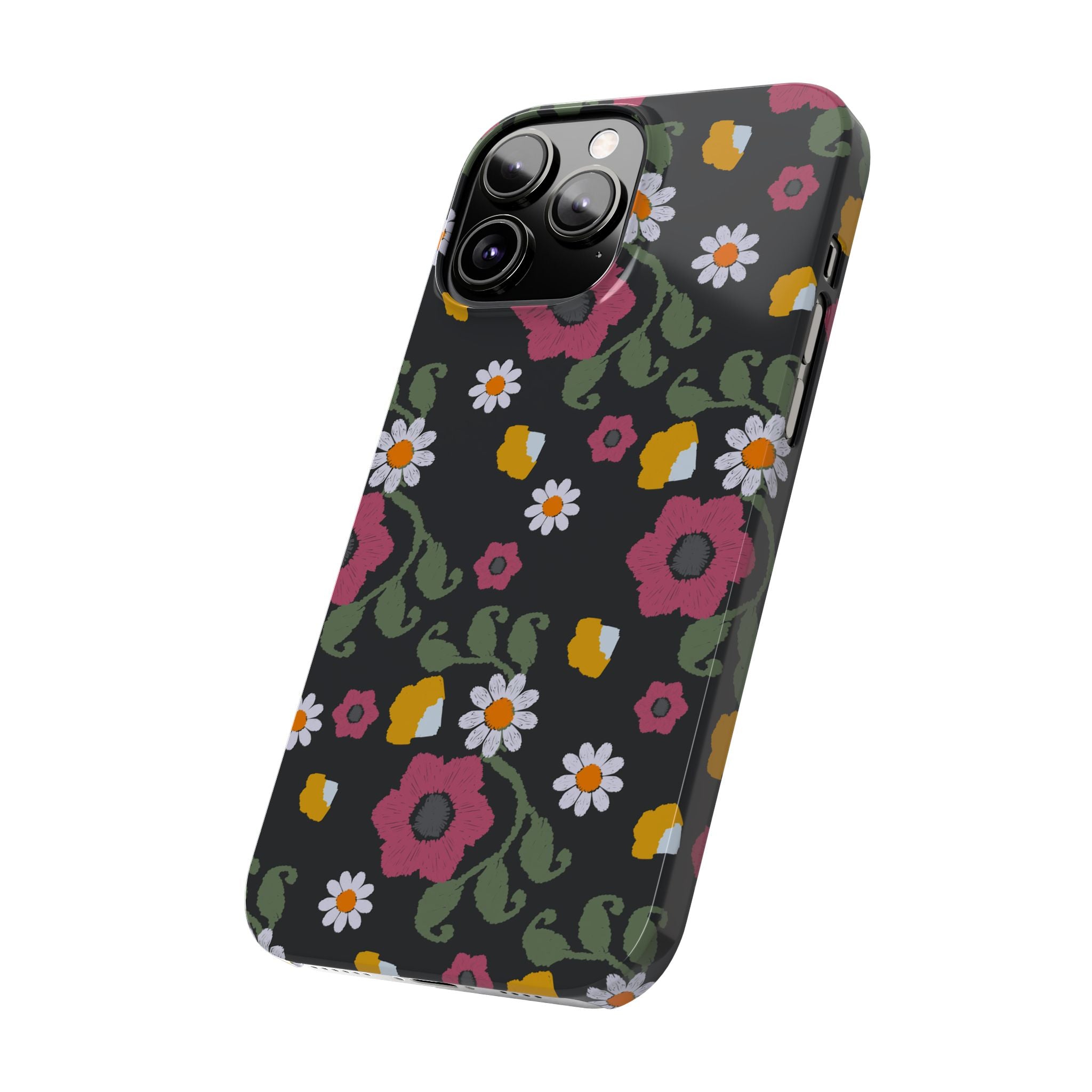 Floral Slim Phone Case, Black Flower Phone Cover, Stylish Phone Accessory, Gift for Her, Trendy Floral Case