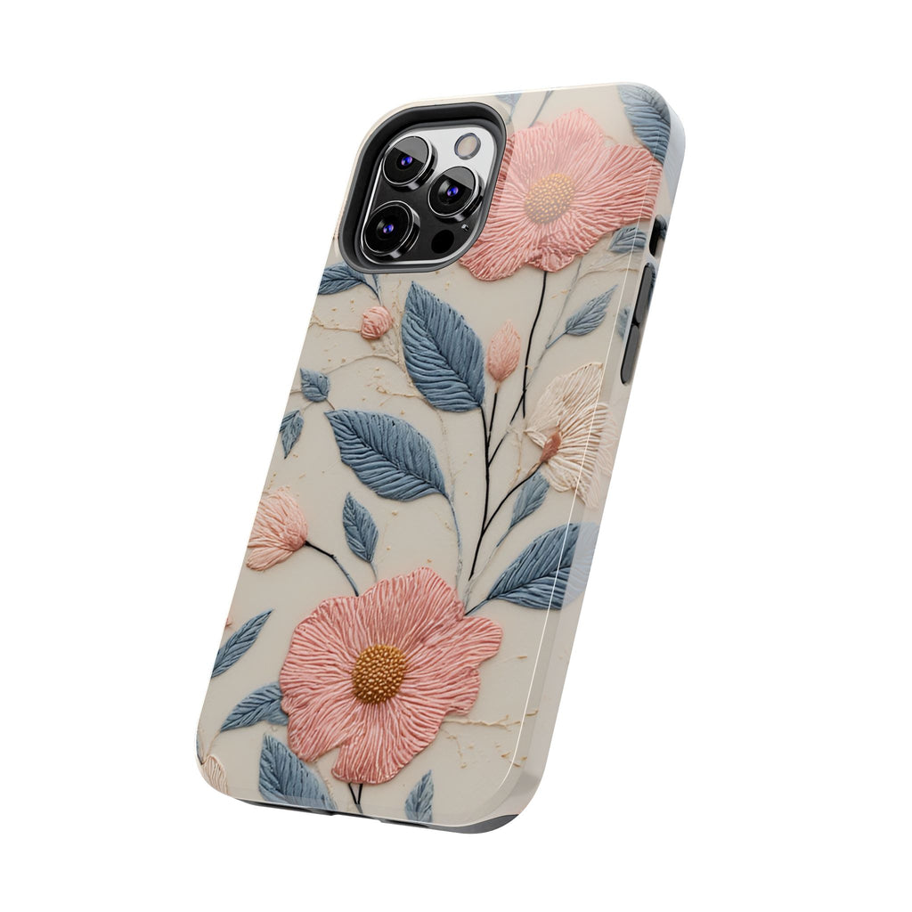 Floral Embroidered Tough Phone Case — Pink Blossom Protective Phone Cover