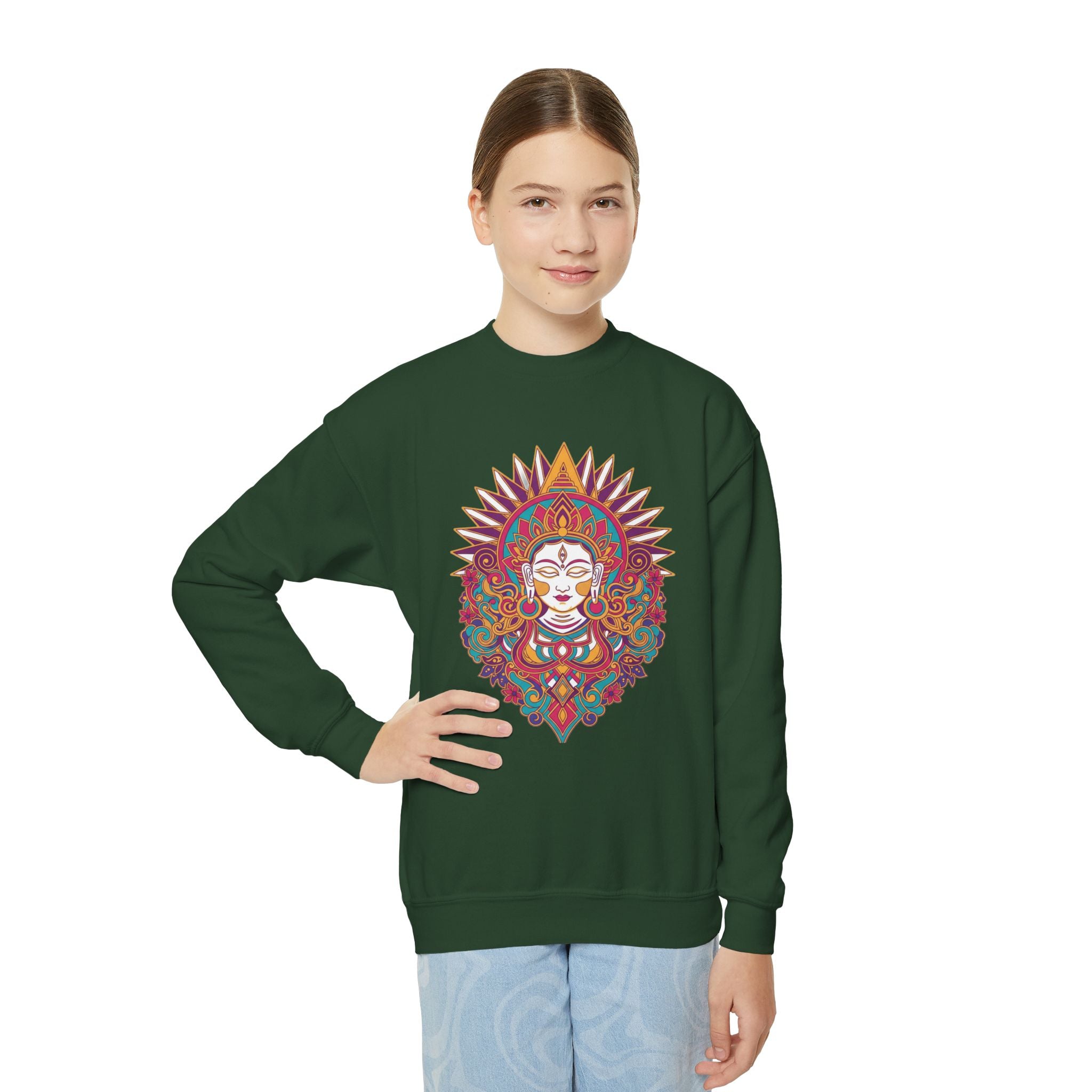 Youth Crewneck Sweatshirt — Colorful Boho Sun Goddess Graphic