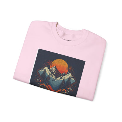 Mountain Sunset Crewneck Sweatshirt — Retro Geometric Peaks Graphic