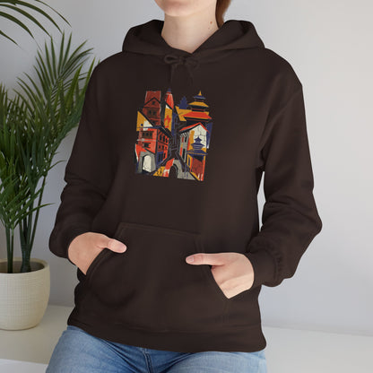 Cityscape Collage Hoodie — Colorful Urban Architecture Graphic Hoodie