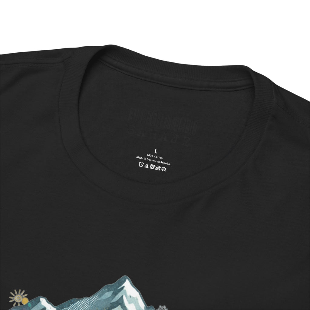 Adventure Compass Graphic Tee — Mountain, Globe & Flag Illustration