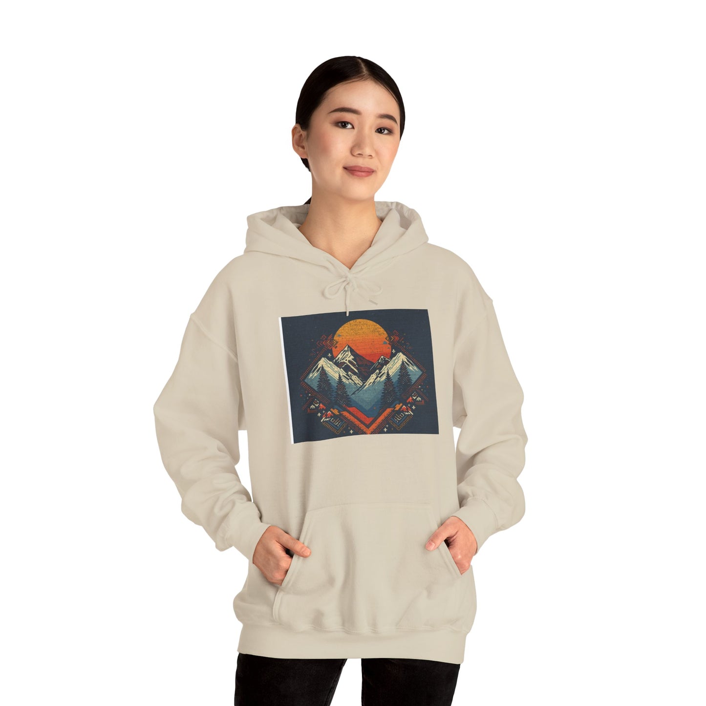 Mountain Sunset Hoodie – Retro Geometric Peaks & Rising Sun Sweatshirt