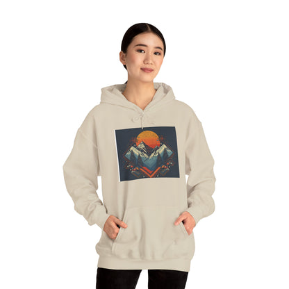 Mountain Sunset Hoodie – Retro Geometric Peaks & Rising Sun Sweatshirt