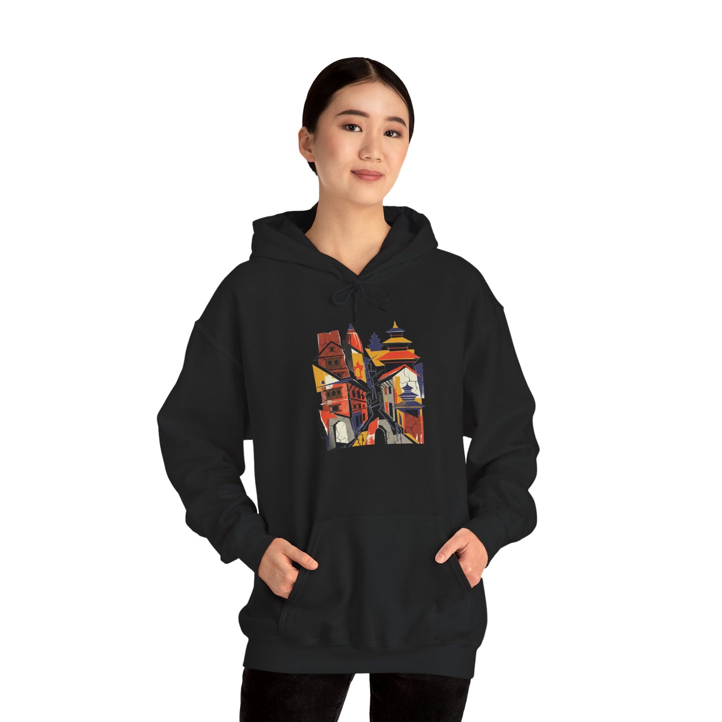 Cityscape Collage Hoodie — Colorful Urban Architecture Graphic Hoodie