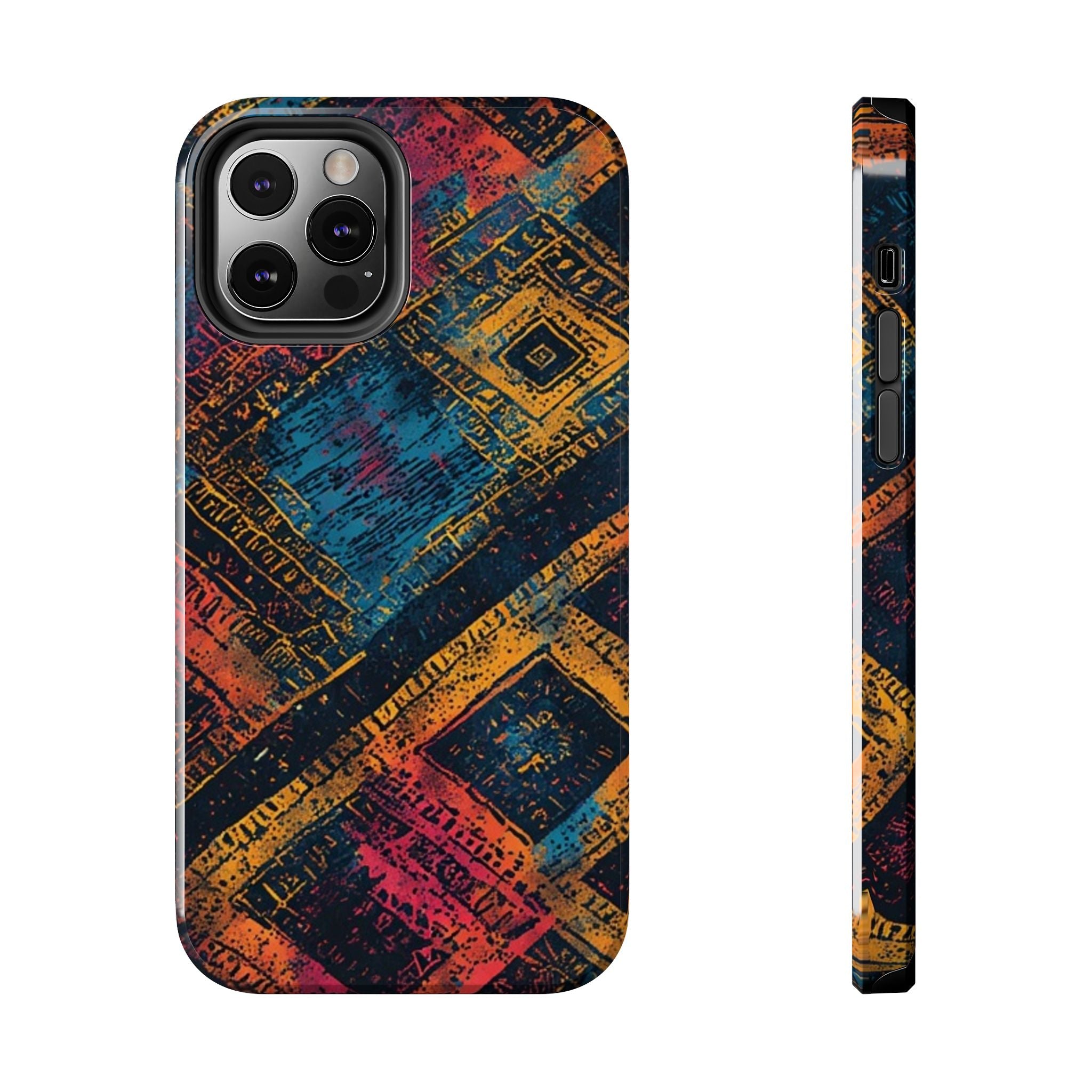 Tough Phone Case – Abstract Rustic Geometric Design (Blue, Orange, Magenta)