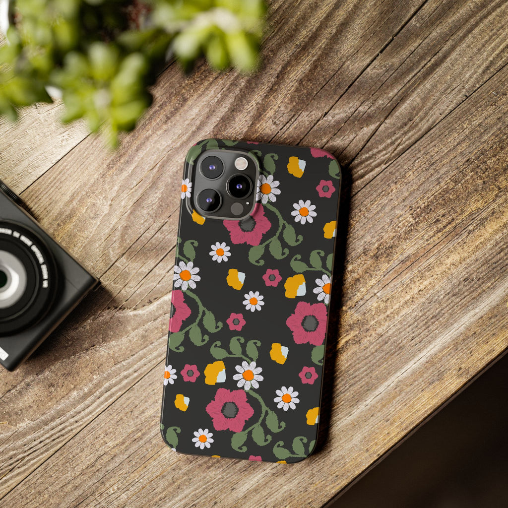 Floral Slim Phone Case, Black Flower Phone Cover, Stylish Phone Accessory, Gift for Her, Trendy Floral Case