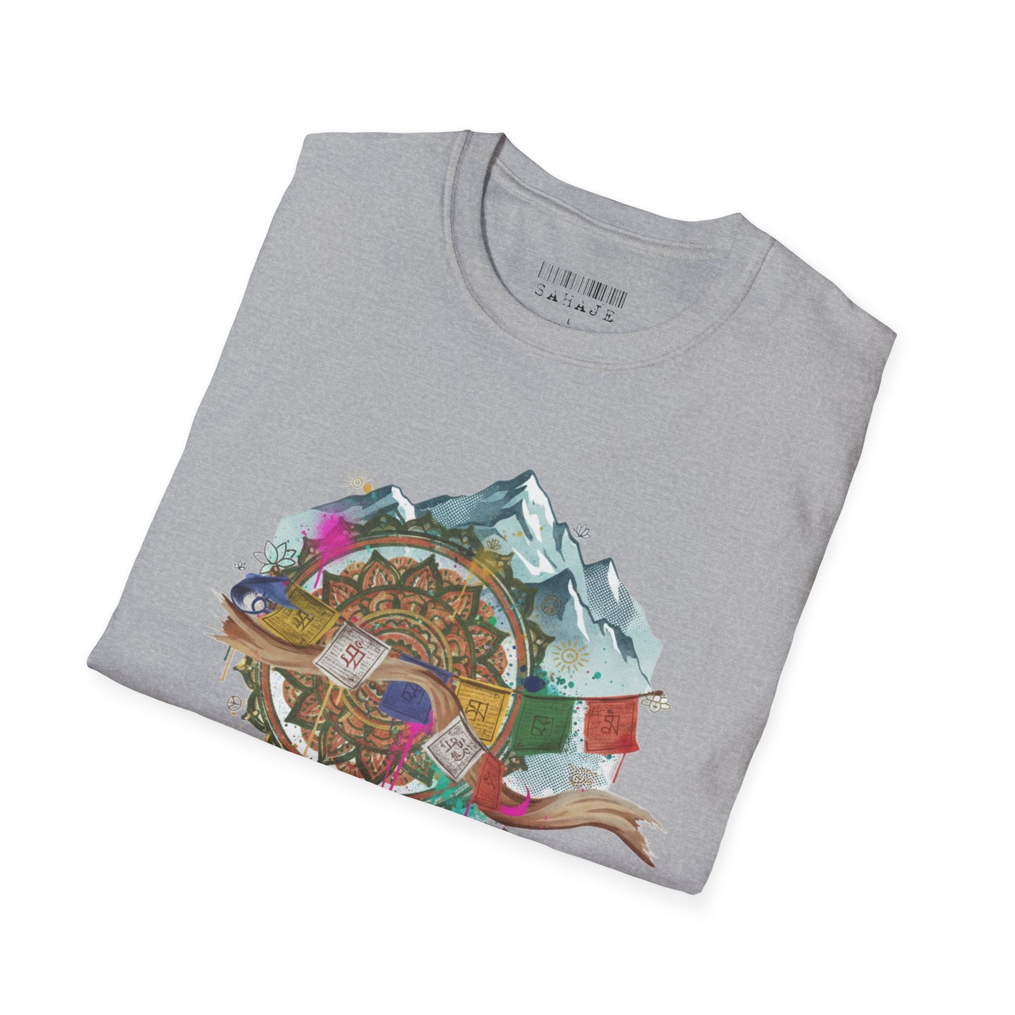 Adventure Compass T-Shirt — Mountain Compass with Prayer Flags & Colorful Globe