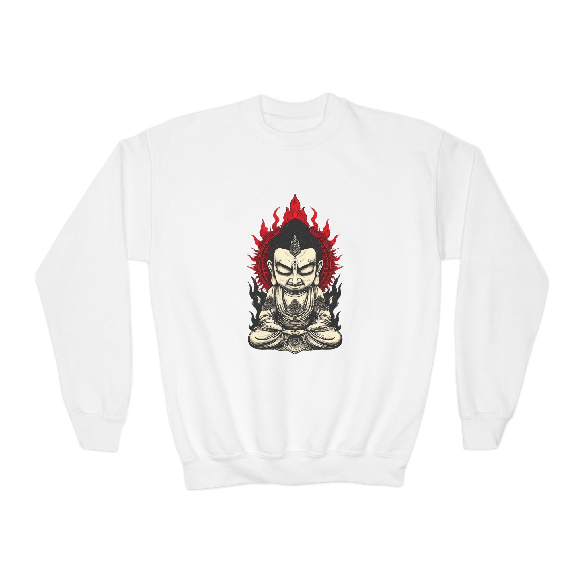 Flaming Meditating Buddha Youth Crewneck Sweatshirt — Zen Graphic Sweater for Kids