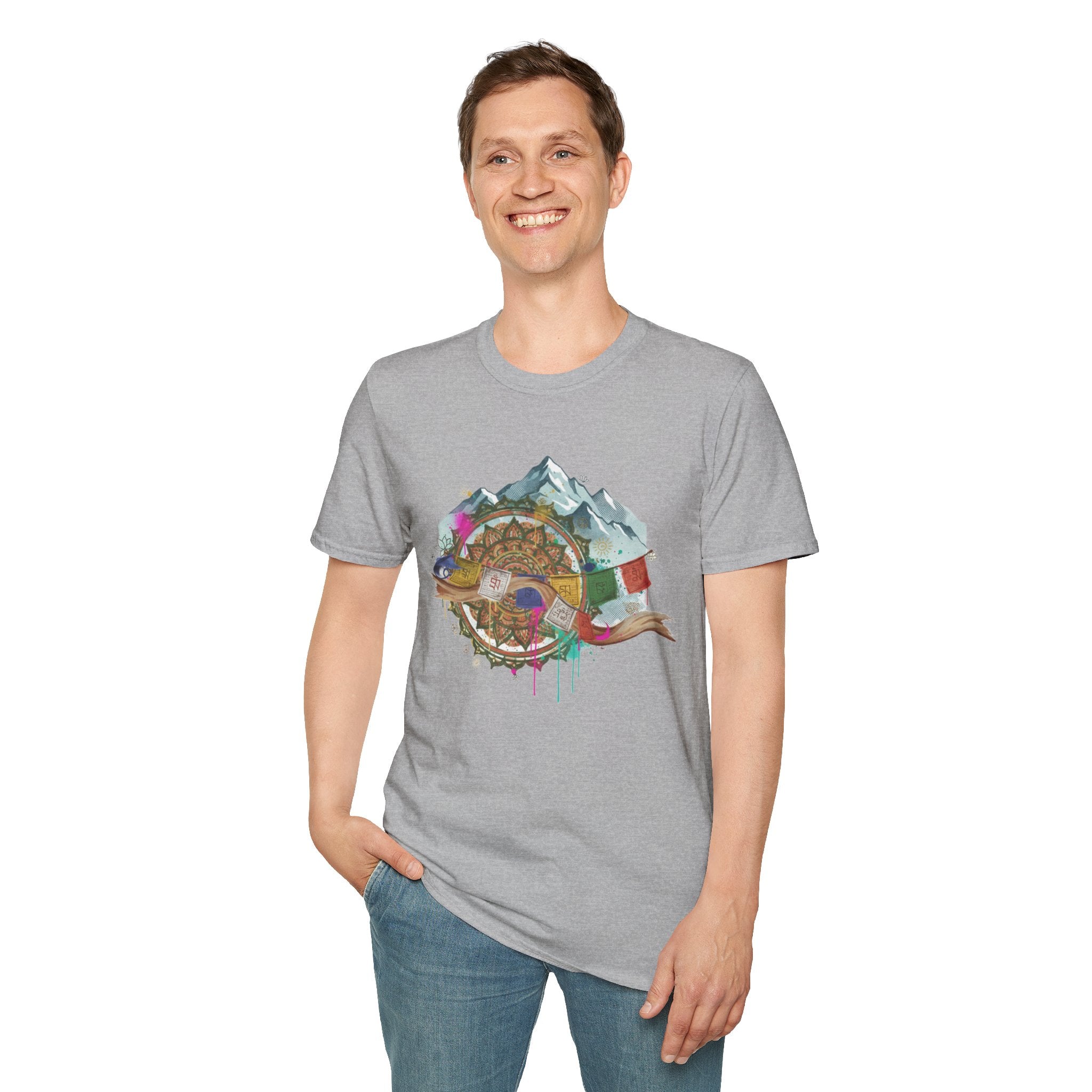 Adventure Compass T-Shirt — Mountain Compass with Prayer Flags & Colorful Globe