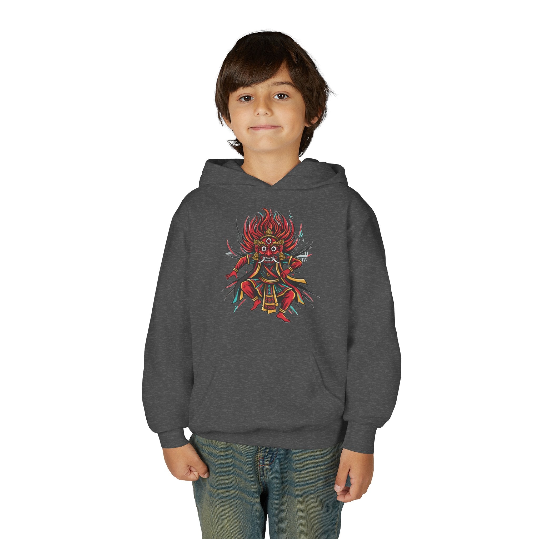 Youth Hoodie — Colorful Mythical Demon Mask Graphic