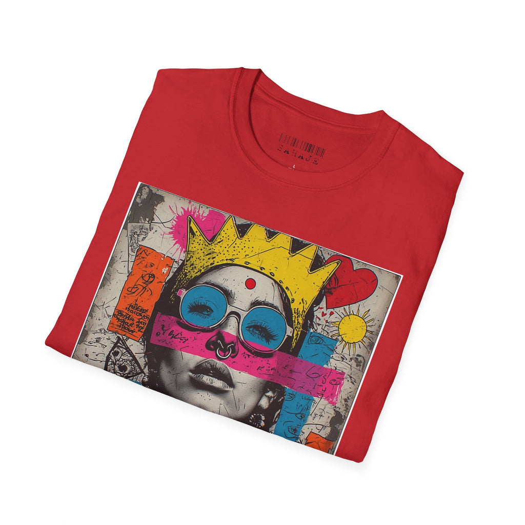Abstract Pop Art Portrait T-Shirt — Neon Crown & Sunglasses Graphic