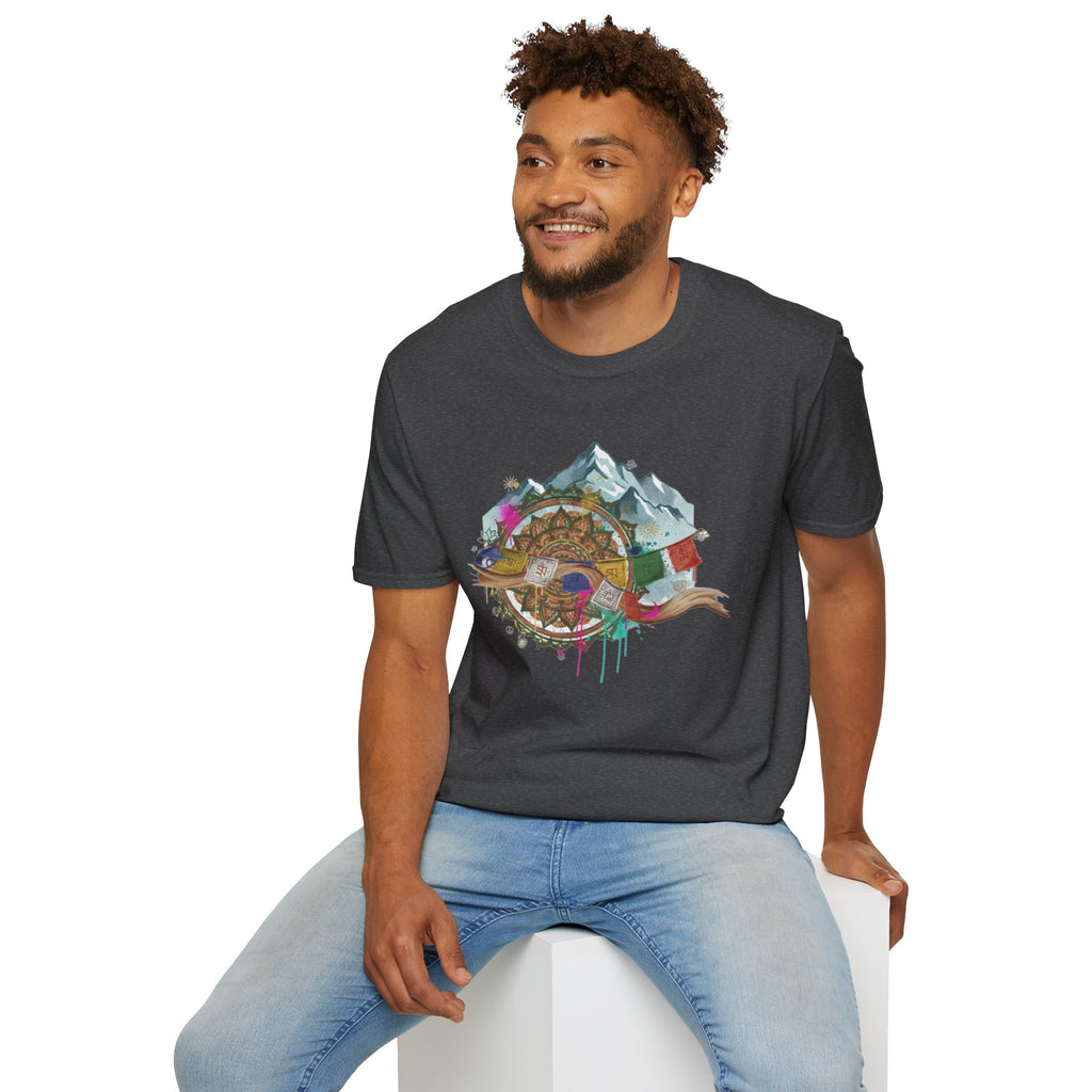 Adventure Compass T-Shirt — Mountain Compass with Prayer Flags & Colorful Globe