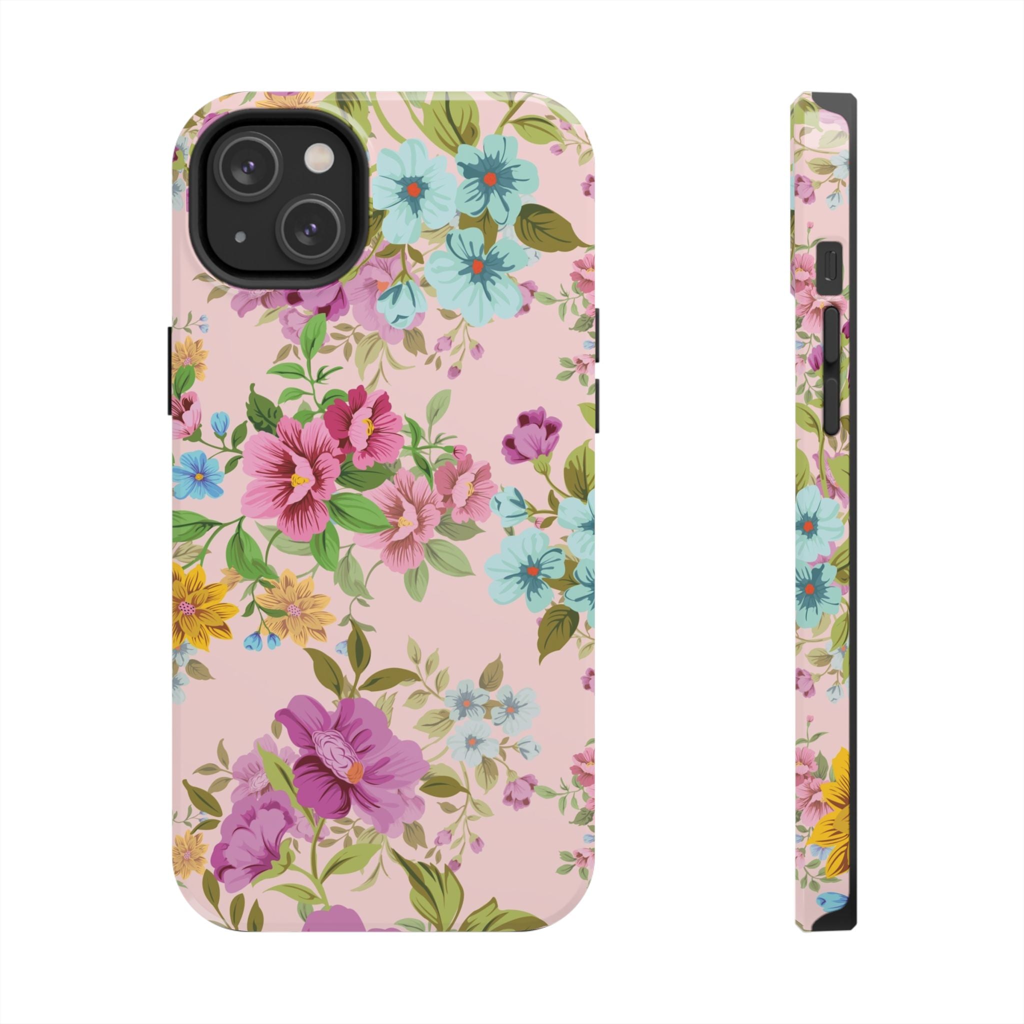 Floral Vintage Tough Phone Case — Pink Rose & Blue Blossom Protective Cover