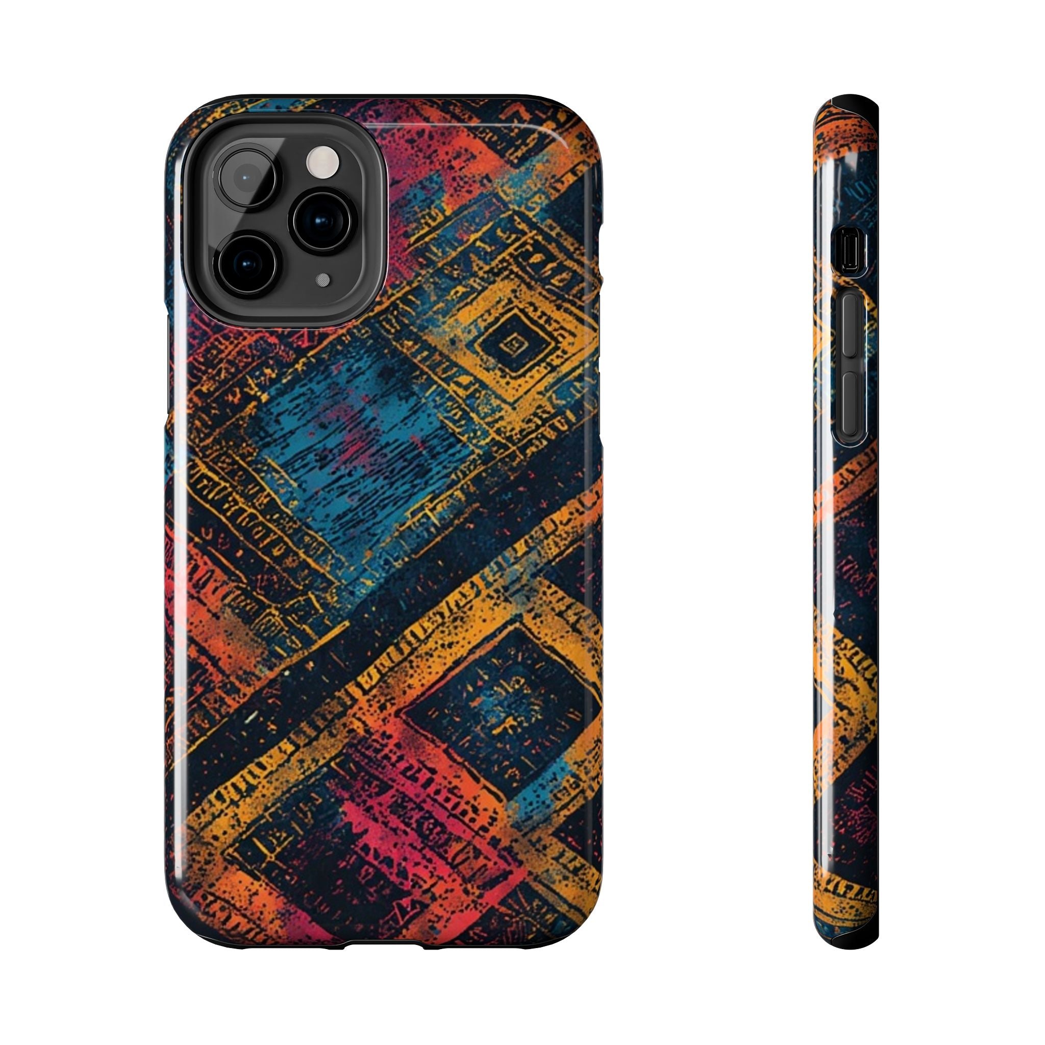 Tough Phone Case – Abstract Rustic Geometric Design (Blue, Orange, Magenta)