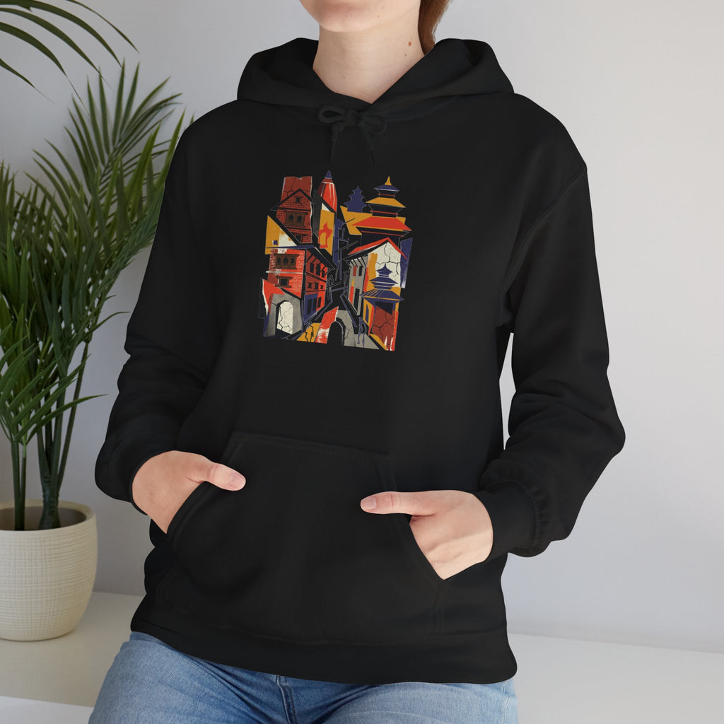 Cityscape Collage Hoodie — Colorful Urban Architecture Graphic Hoodie