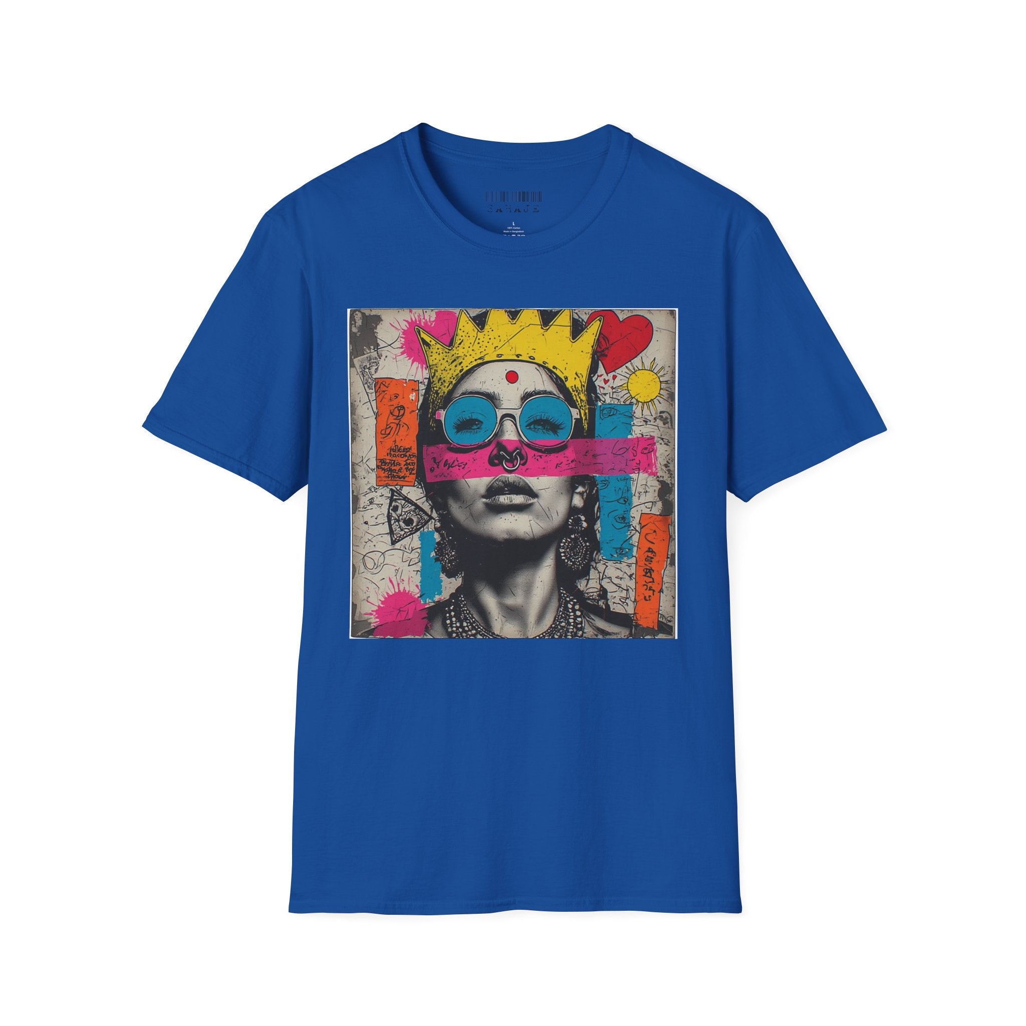 Abstract Pop Art Portrait T-Shirt — Neon Crown & Sunglasses Graphic