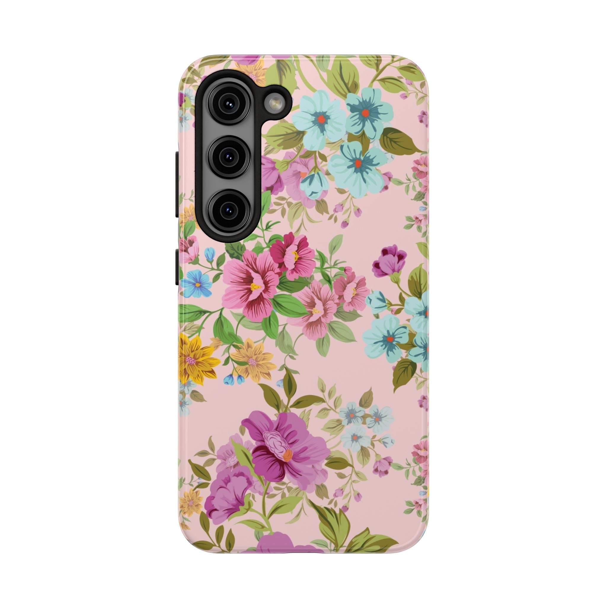 Floral Vintage Tough Phone Case — Pink Rose & Blue Blossom Protective Cover