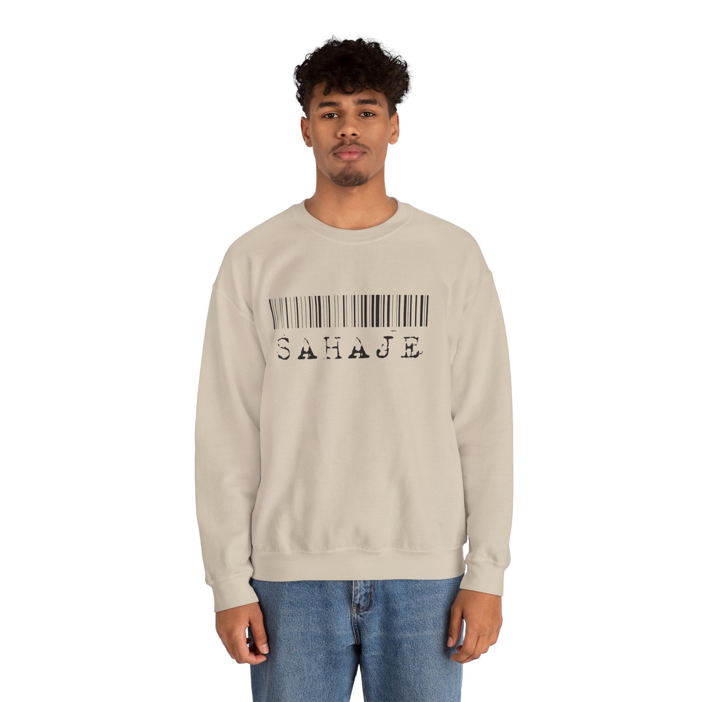 Sahaje Barcode Crewneck Sweatshirt — Minimalist White Graphic Pullover