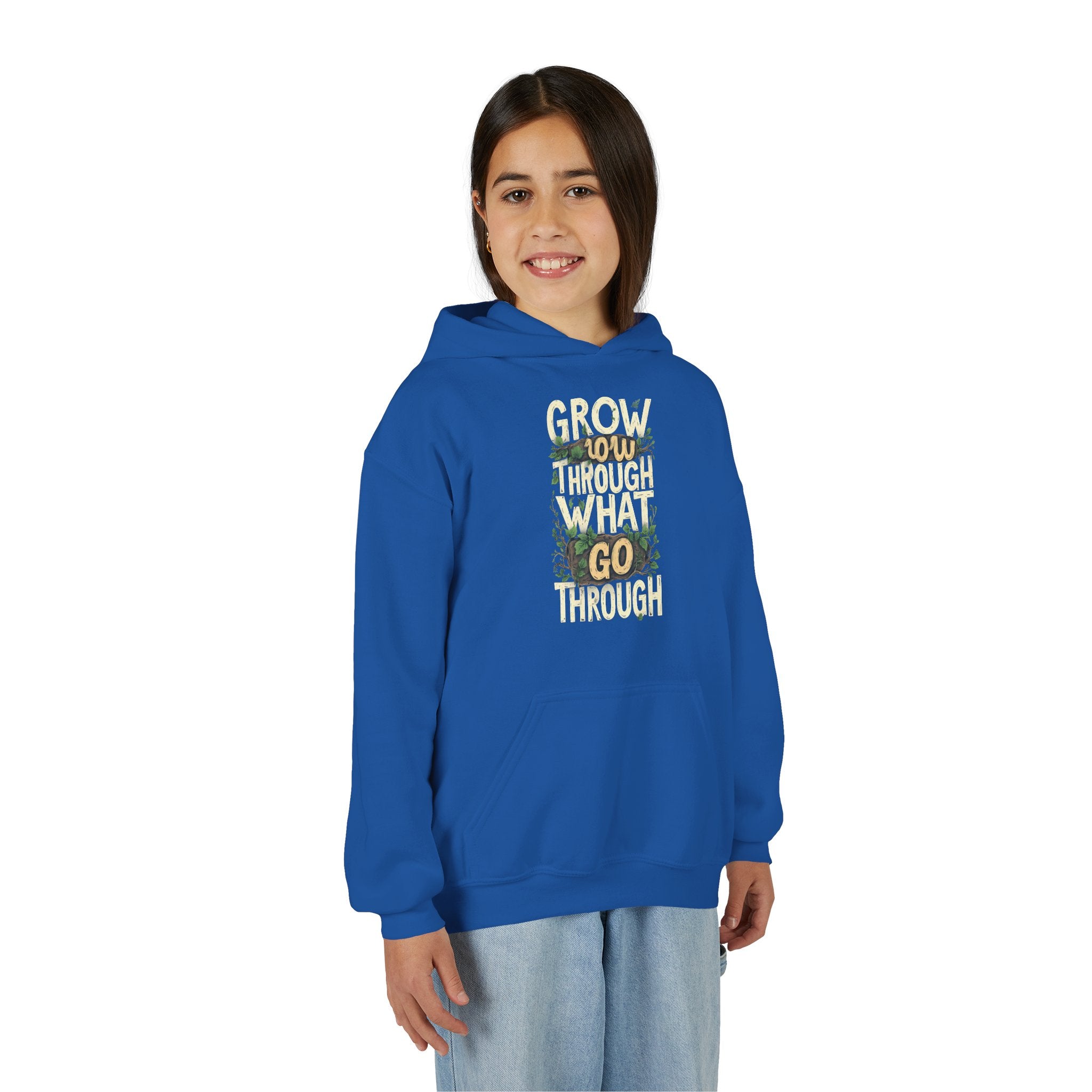 Youth Hoodie — 'Grow Slow, Go Through' Floral Motivational Hooded Sweatshirt