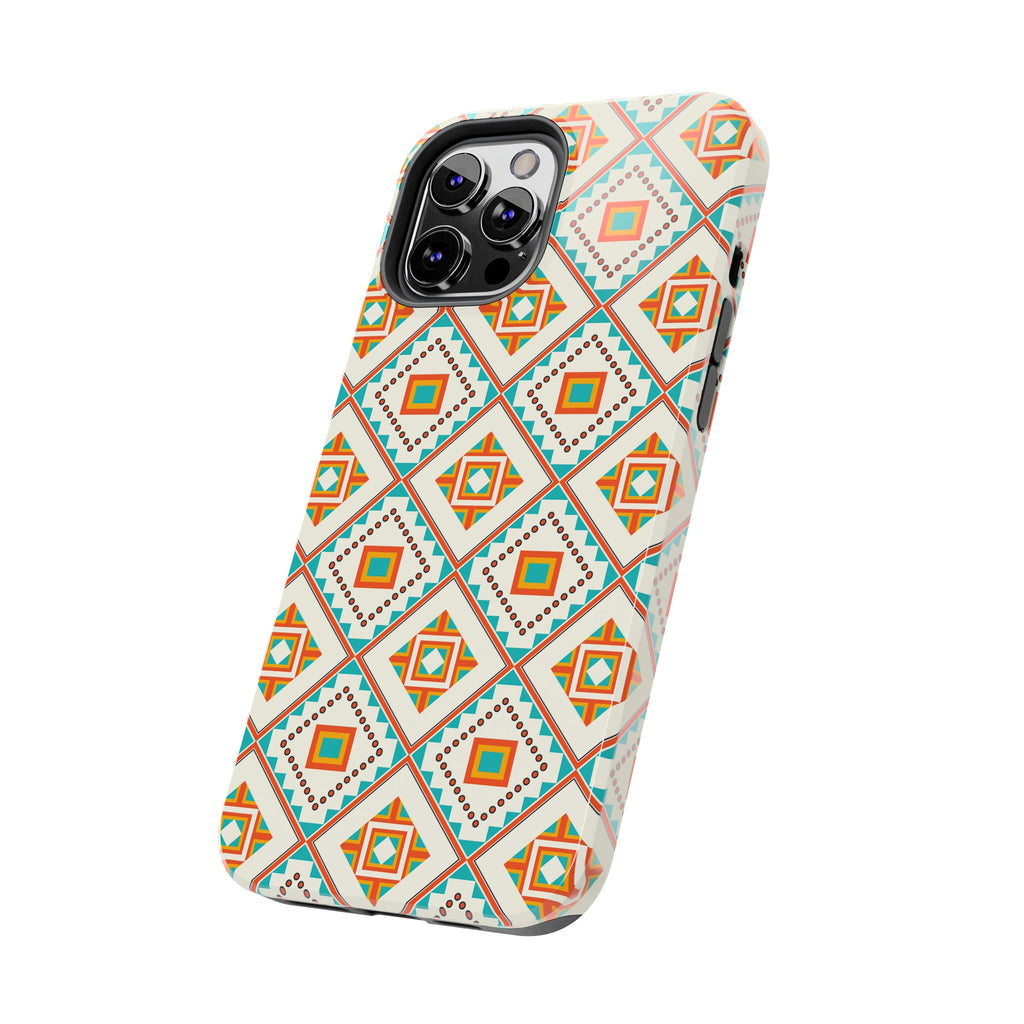 Tough Phone Case — Geometric Retro Tile Pattern, Orange & Teal Protective Cover