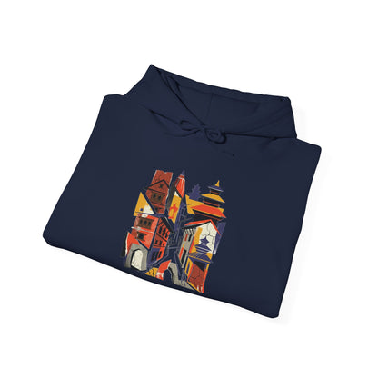 Cityscape Collage Hoodie — Colorful Urban Architecture Graphic Hoodie