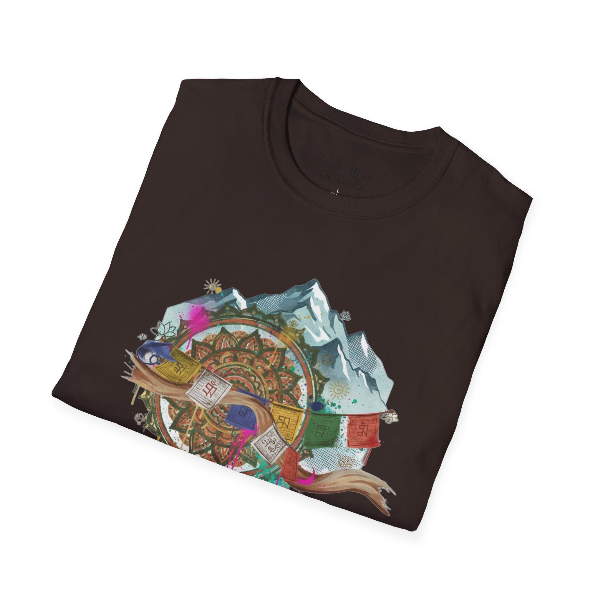 Adventure Compass T-Shirt — Mountain Compass with Prayer Flags & Colorful Globe