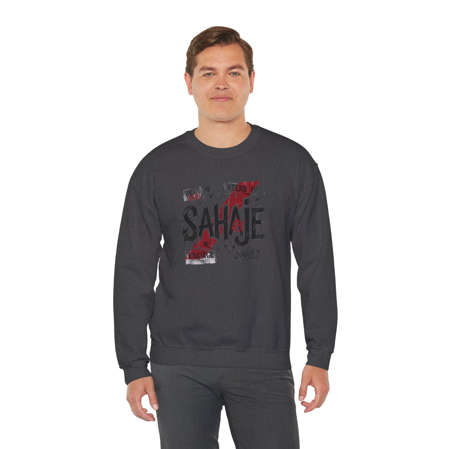 Crewneck Sweatshirt — 'Sahaje' Distressed Script Graphic