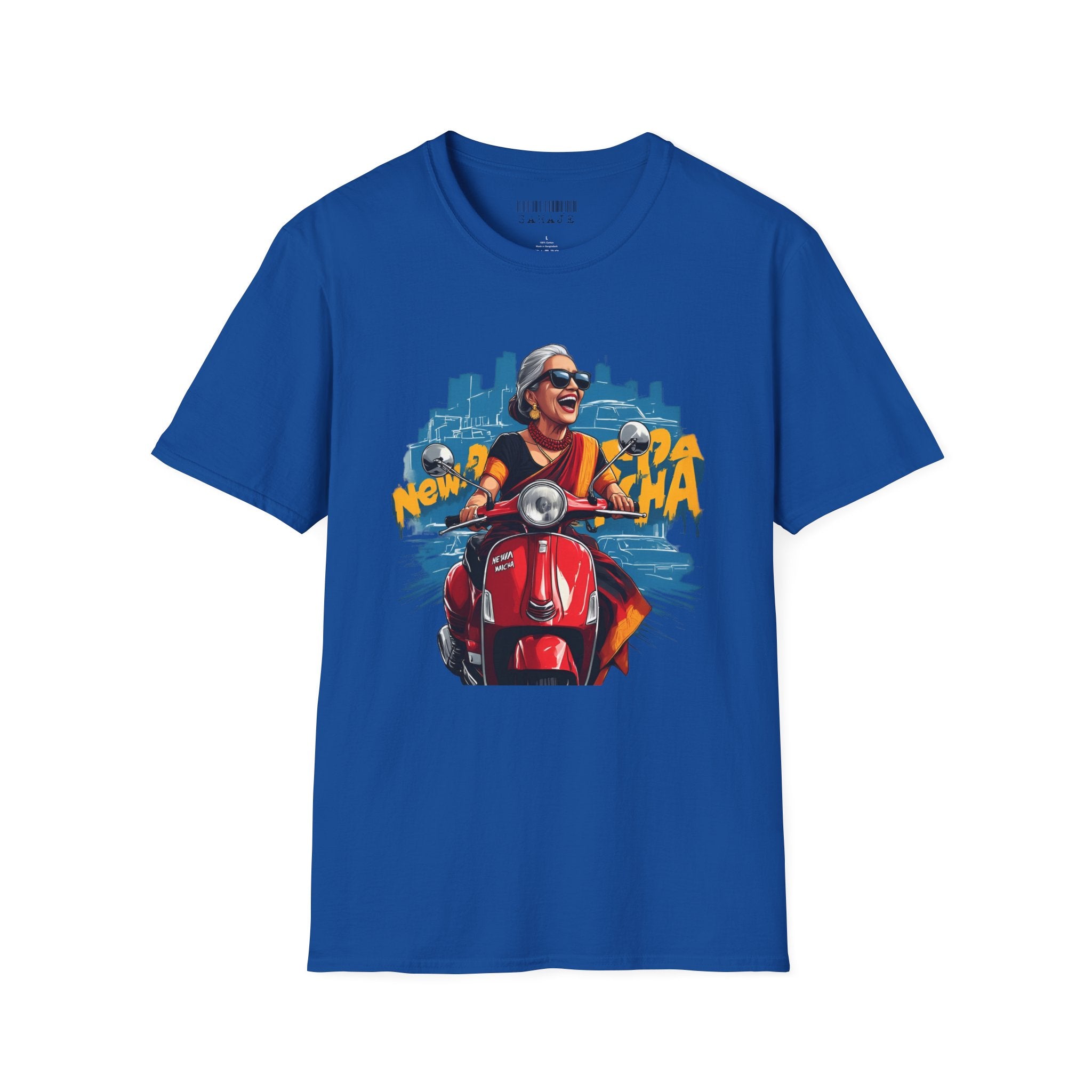 Newa Maicha Riding Scooter T-Shirt – Newari Woman in New York Graphic Tee, Cultural & Urban Design