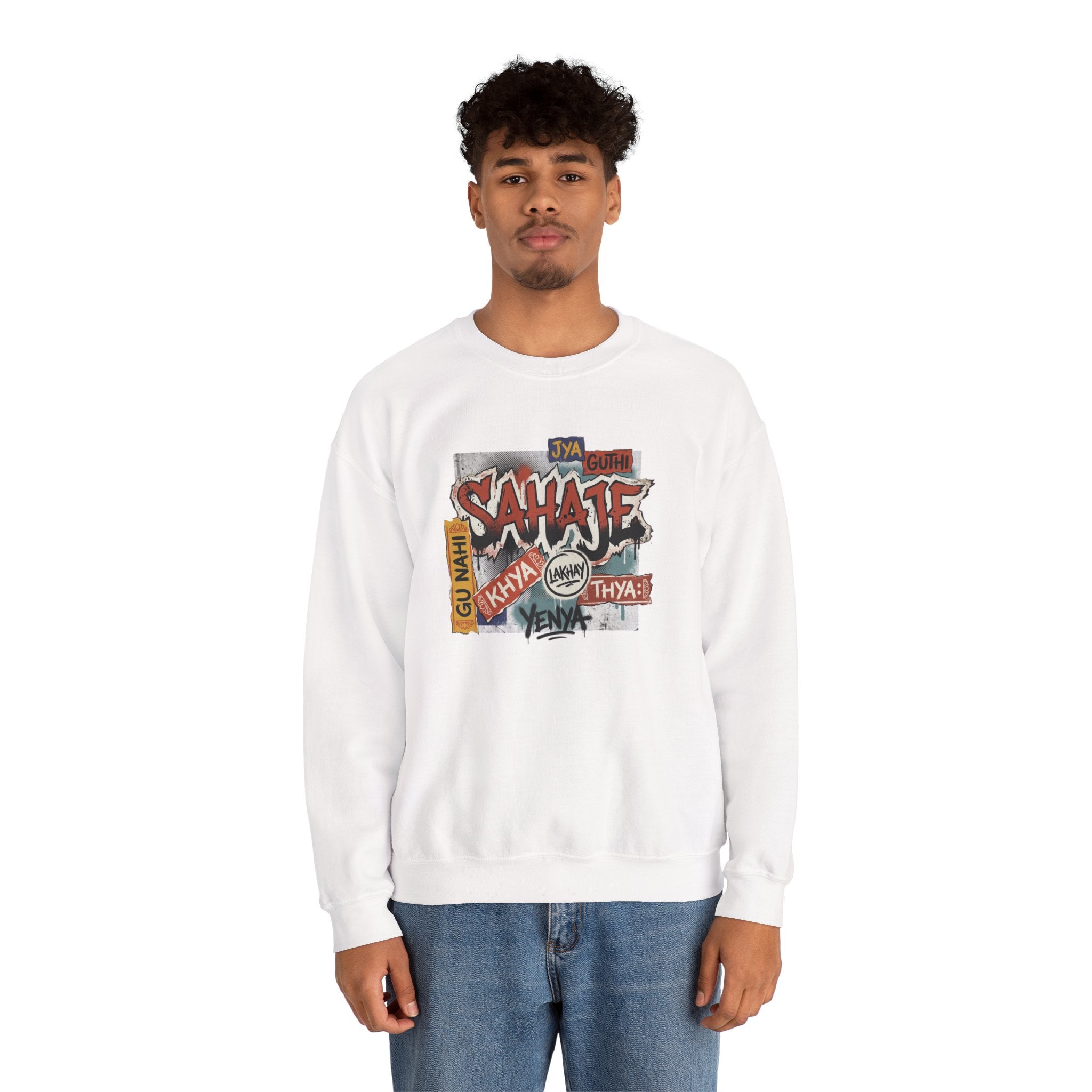 Crewneck Sweatshirt — 'Sahaje' Vintage Sticker Collage Graphic