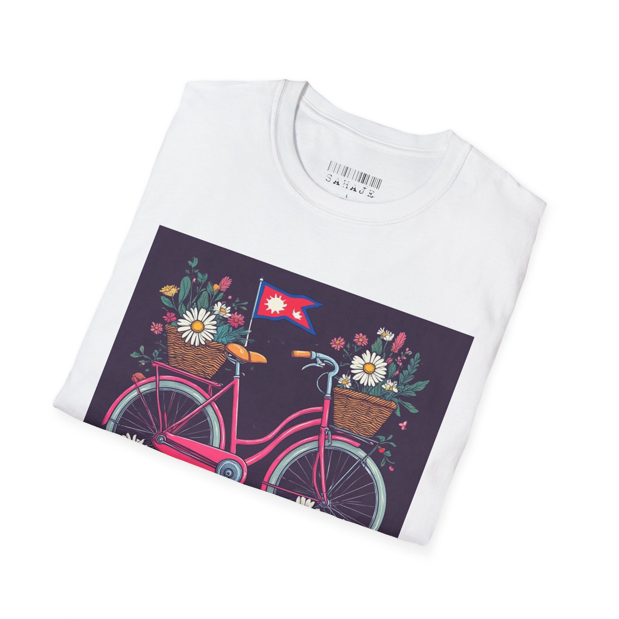 Bicycle Floral T-Shirt – Pink Bike with Baskets & "Sahaje" Text