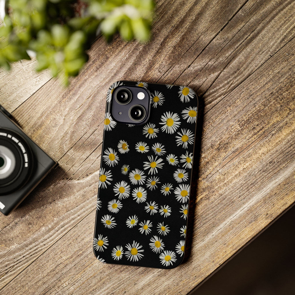 Daisy Pattern Slim Phone Case — Black Background Floral iPhone Case