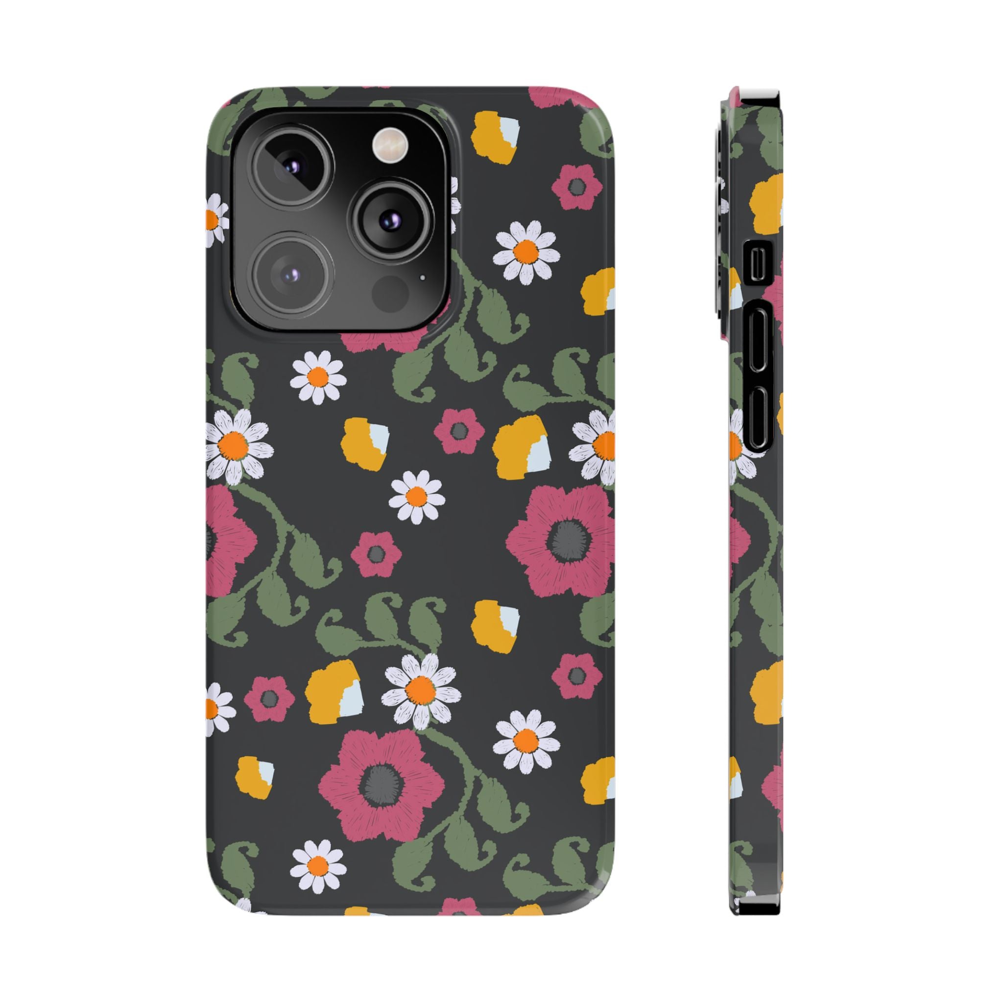Floral Slim Phone Case, Black Flower Phone Cover, Stylish Phone Accessory, Gift for Her, Trendy Floral Case