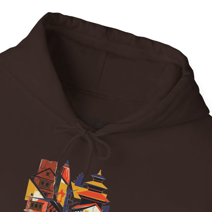 Cityscape Collage Hoodie — Colorful Urban Architecture Graphic Hoodie