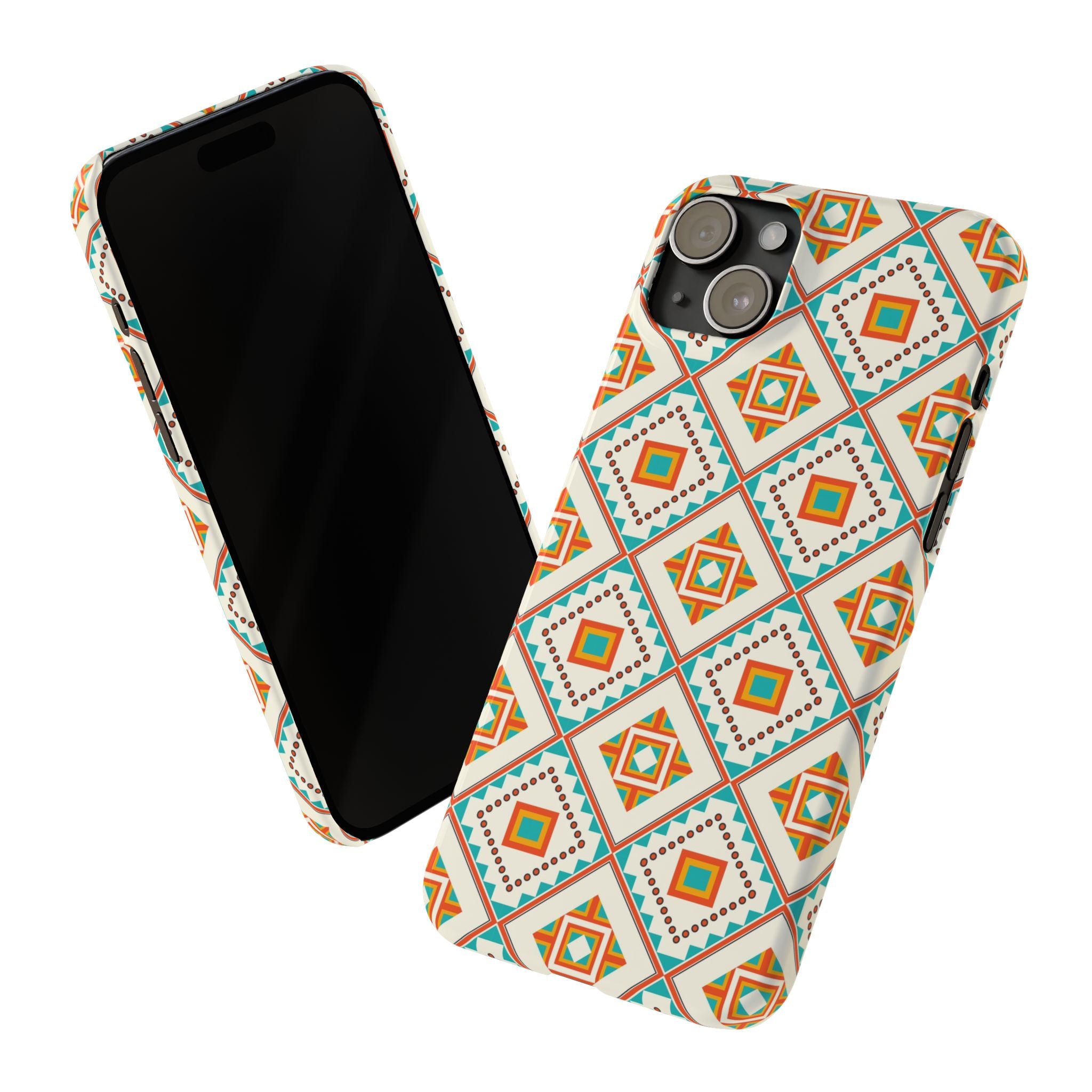 Slim Phone Case — Retro Geometric Tile Pattern (Turquoise & Orange)