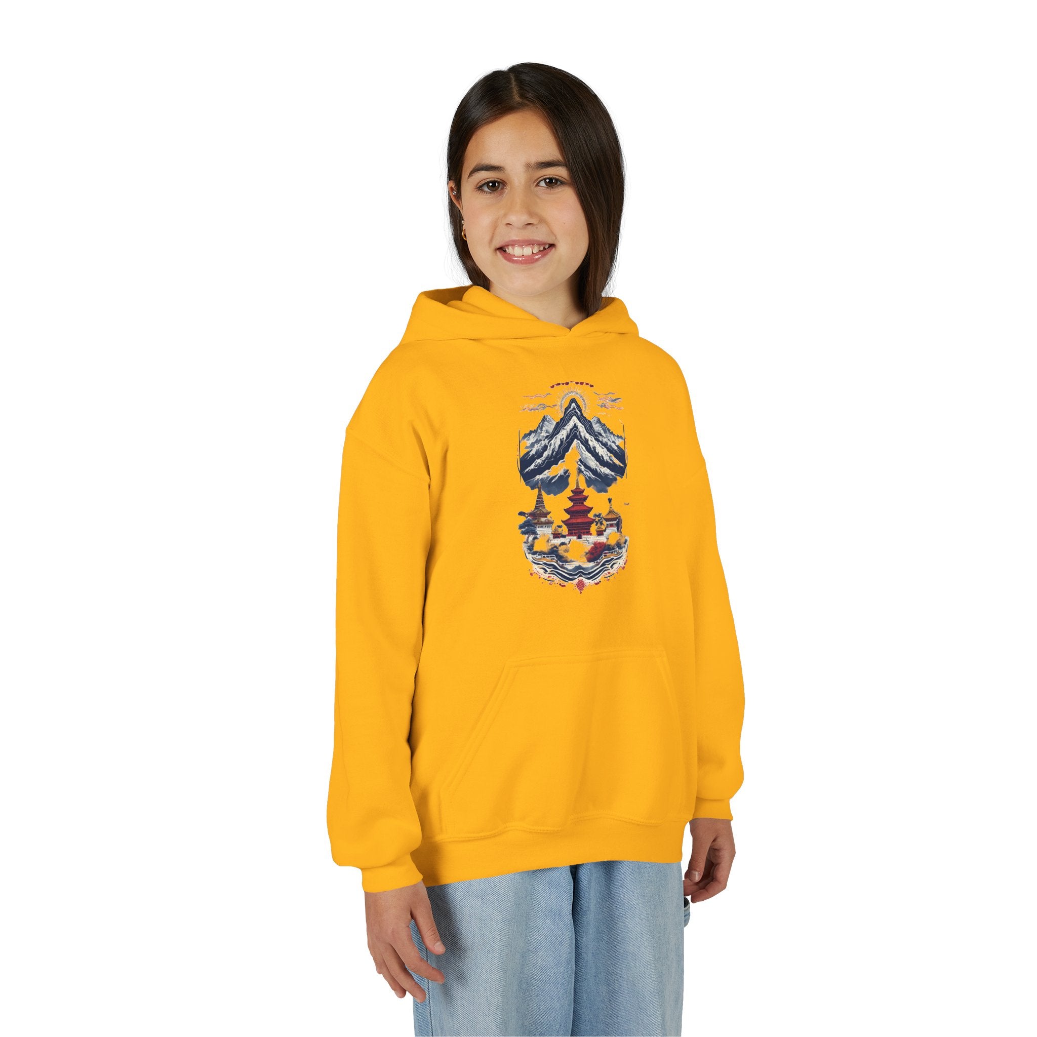 Youth Hoodie — Mountain Pagoda Watercolor Graphic (Asian Temple Winter Vibe)