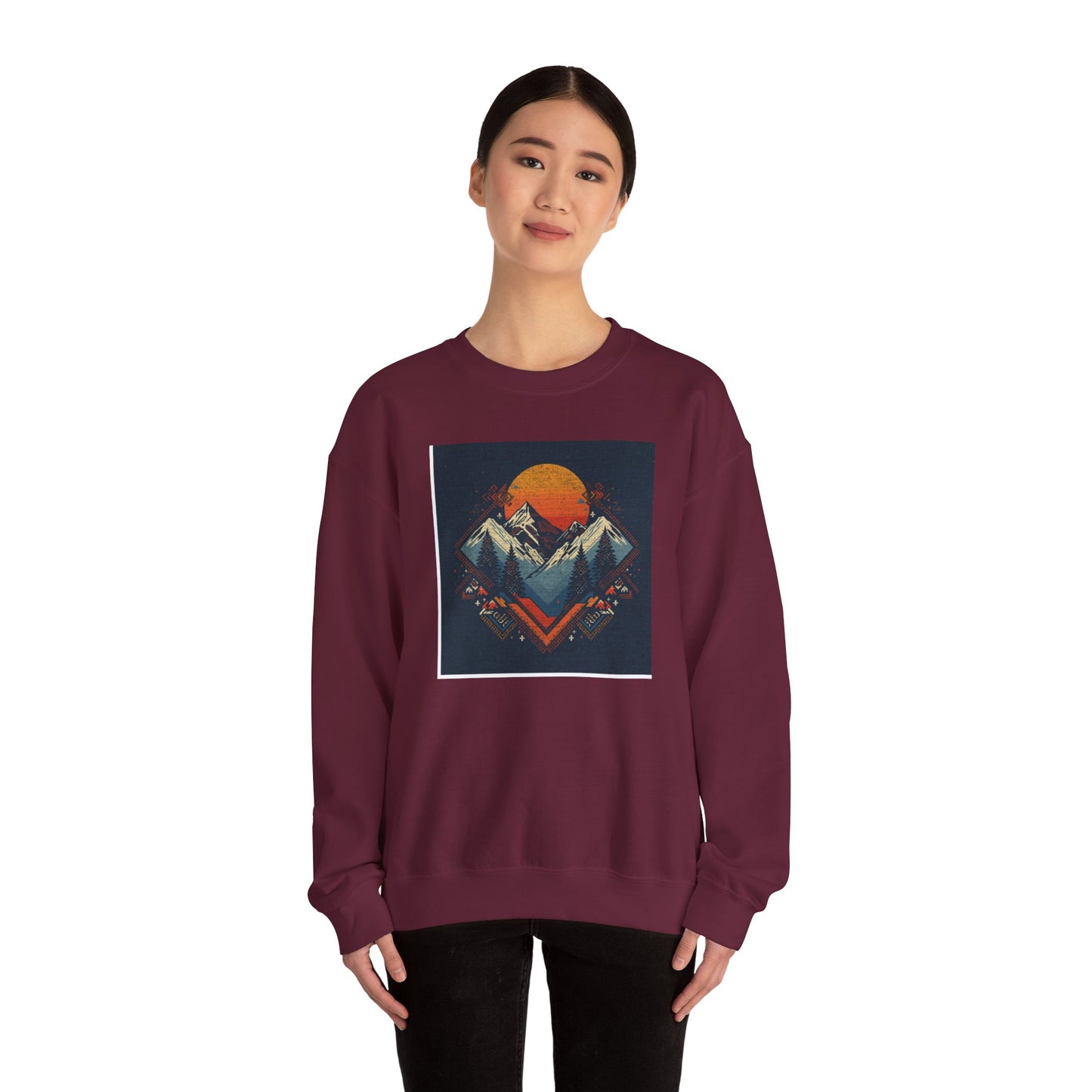 Mountain Sunset Crewneck Sweatshirt — Retro Geometric Peaks Graphic