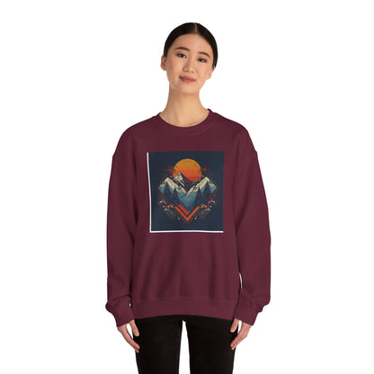 Mountain Sunset Crewneck Sweatshirt — Retro Geometric Peaks Graphic