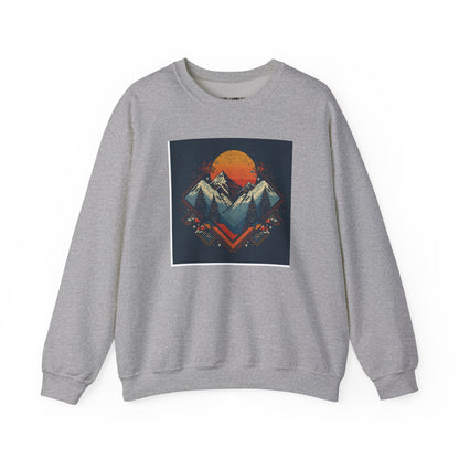 Mountain Sunset Crewneck Sweatshirt — Retro Geometric Peaks Graphic