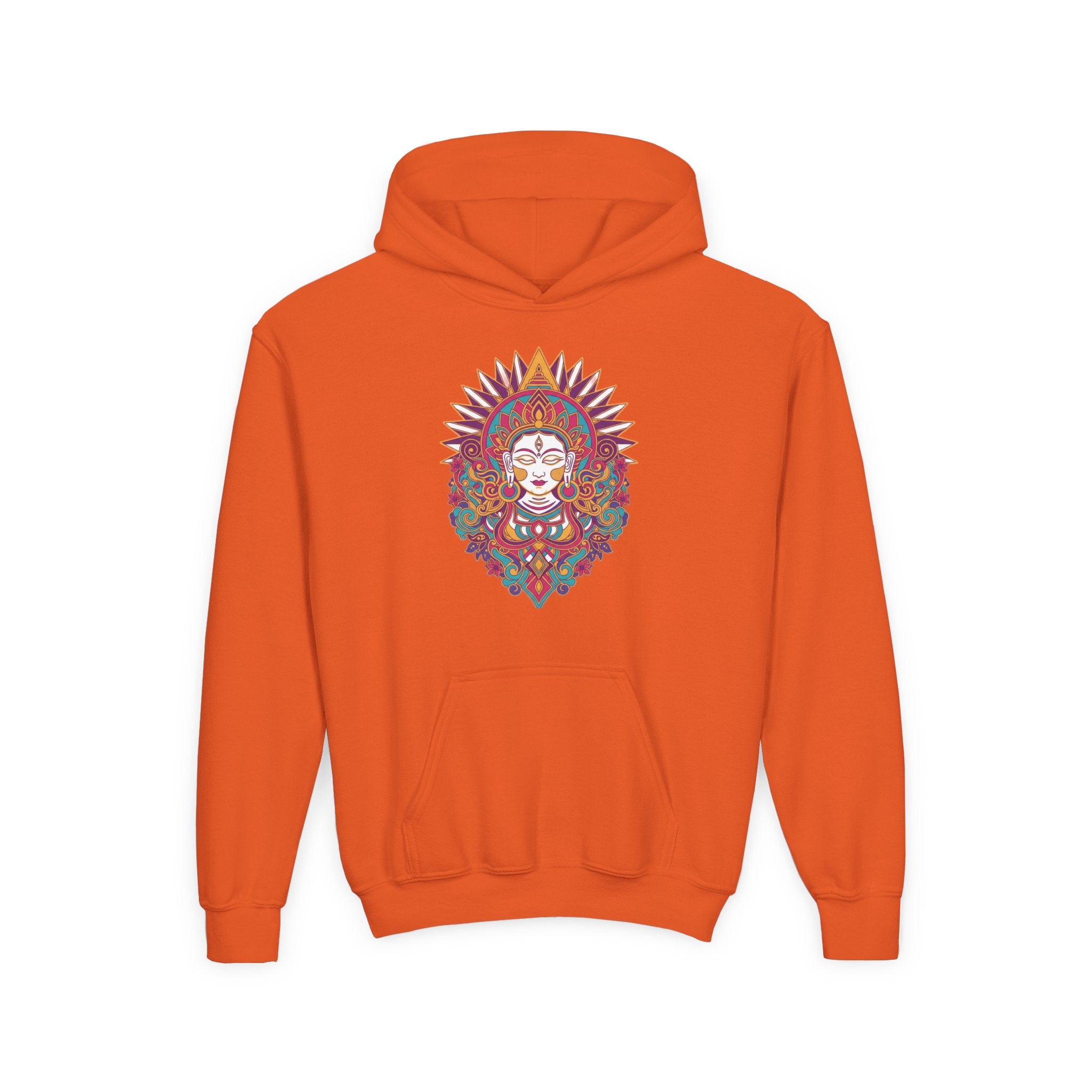 Youth Hoodie with Colorful Sugar Skull Goddess Design — Day of the Dead Kids Pullover