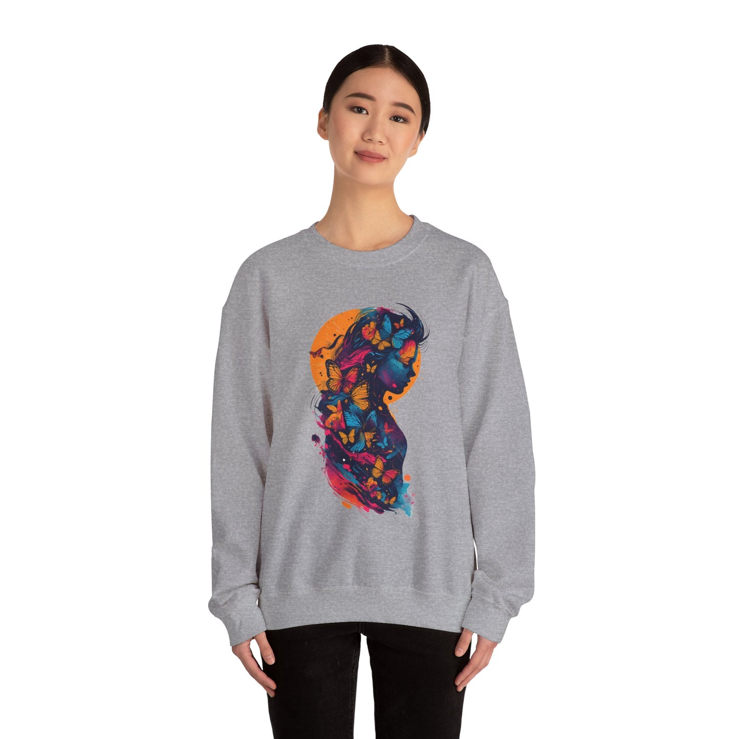 Butterfly Silhouette Crewneck Sweatshirt — Colorful Butterfly Profile Graphic